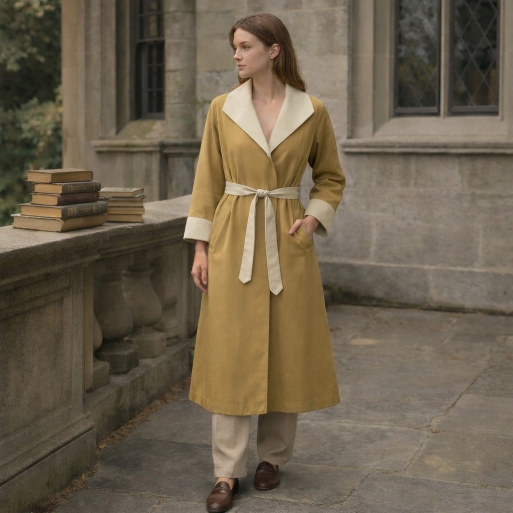 T.T. Mallo Mustard Cream‎ Reversible Belted Trench Coat Vintage L